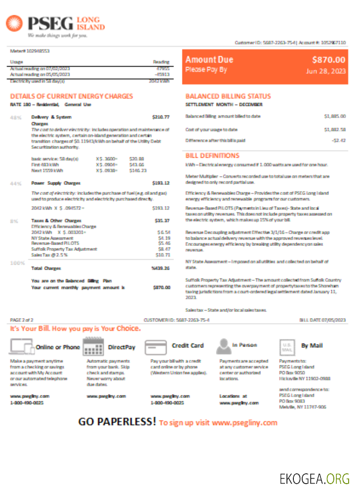 Facture du service public d'électricité PSEG du New Jersey, SCR, page 2
